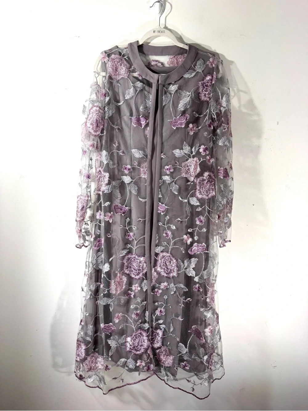 Embroidered Midi Dress And Jacket Sz Large wedding guest tea party gray pink